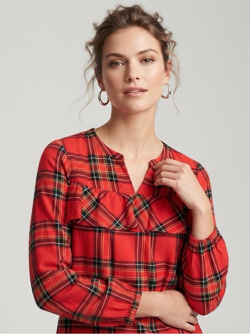 J. Crew Red Plaid Ruffle Popover Blouse Small Tall